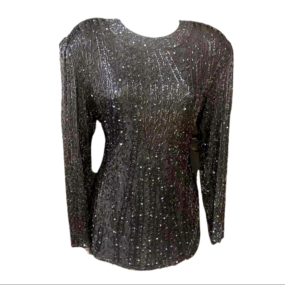 Vintage Neiman Marcus 100% Silk Beaded Black Blouse Top Holiday Party